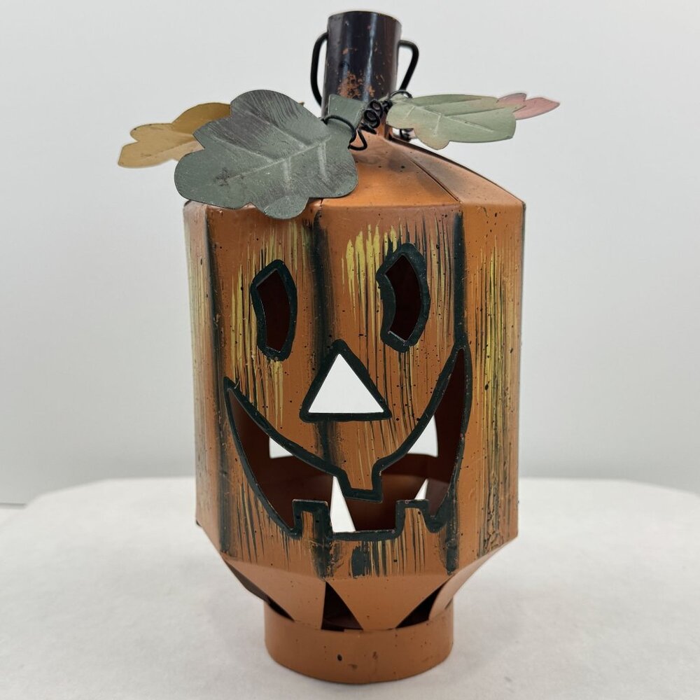 Metal Jack-O-Lantern Pumpkin Lantern Tea Light Holder Halloween Decor Rustic 9"